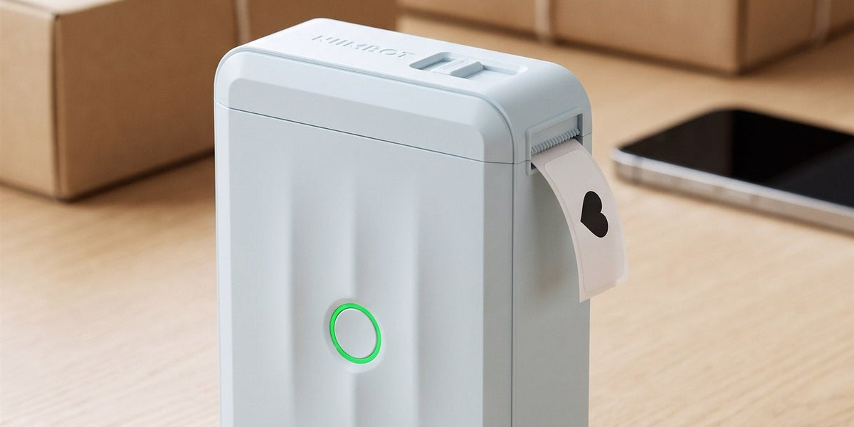 Imprimante thermique NIIMBOT D110M bleu pastel qui imprime une étiquette cœur, smartphone et colis kraft sur le bureau