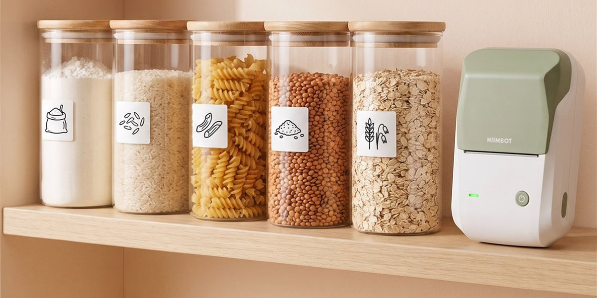 Bocaux de farine, riz, pâtes, lentilles et flocons d'avoine étiquetés de pictogrammes sur une étagère, imprimante thermique NIIMBOT B1 verte à côté