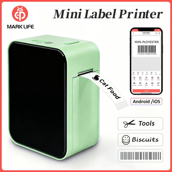 Mini imprimante thermique étiquette Marklife P15 verte imprimant une étiquette, avec l'application mobile Android et iOS