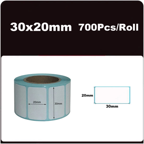 Rouleau d'étiquettes thermiques blanches 30 x 20 mm, 700 étiquettes par rouleau, avec schéma coté