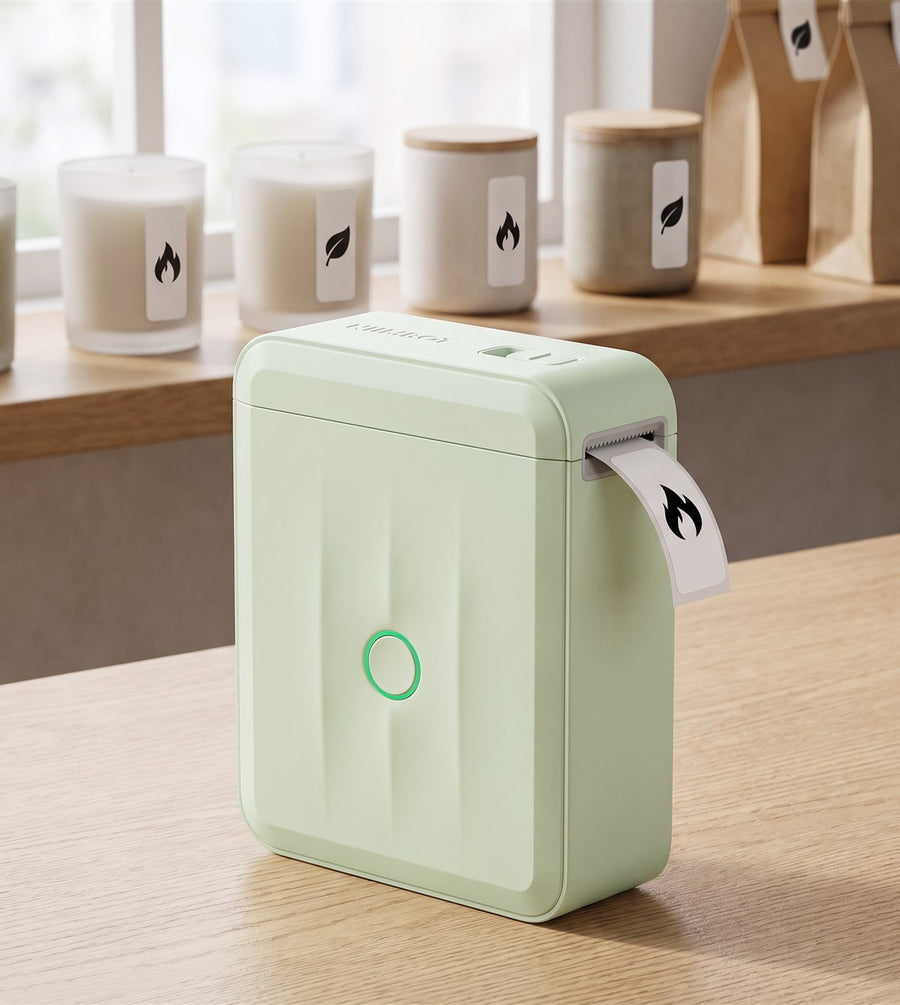 Étiquette flamme qui sort de l'imprimante NIIMBOT D110M vert sauge, bougies artisanales étiquetées sur le comptoir