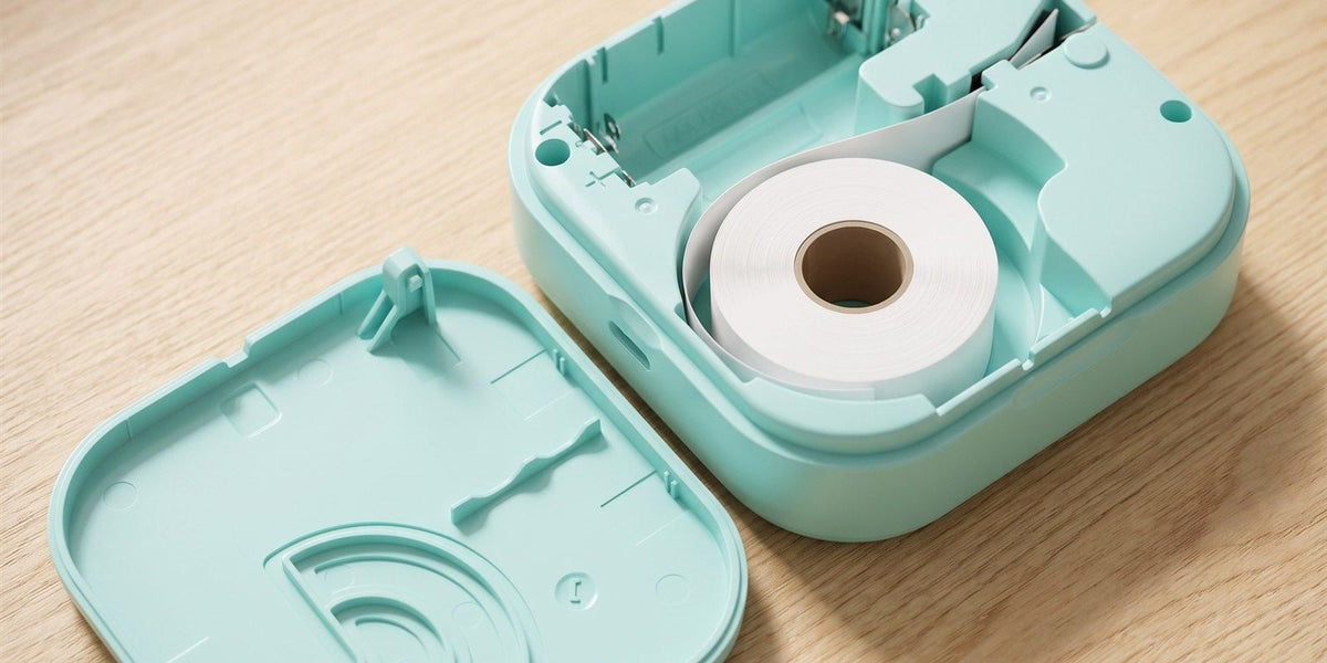 Imprimante thermique Phomemo Q30 vert menthe ouverte, rouleau d'étiquettes en place, sur une table en bois