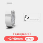 Rouleau d'étiquettes transparentes 12 x 40 mm, à côté d'un échantillon imprimé au pictogramme de flacon
