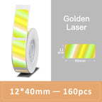 Rouleau d'étiquettes Golden Laser aux reflets jaunes et verts, avec un échantillon coté 40 x 12 mm