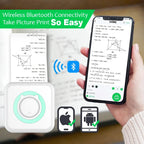 Main tenant un smartphone qui affiche l'aperçu d'une page d'exercices, relié en Bluetooth à la mini imprimante à anneau vert