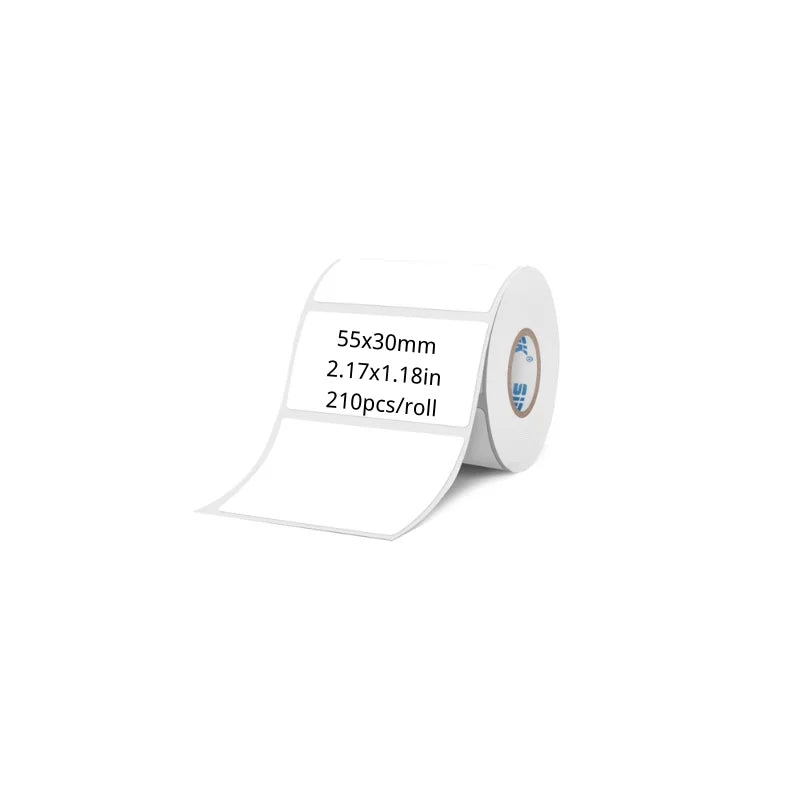 Rouleau d'étiquettes blanches déroulé, coté 55 x 30 mm soit 210 étiquettes par rouleau