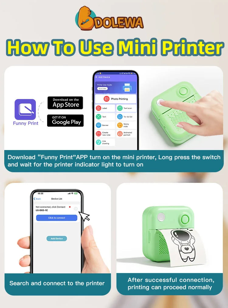 Tutoriel en trois vignettes sous le logo Dolewa : installation de l'application, liste des appareils à connecter, imprimante verte en train d'imprimer