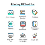 Grille de neuf pictogrammes d'usages : photos, listes, pages web, langues, connexion Bluetooth et DIY