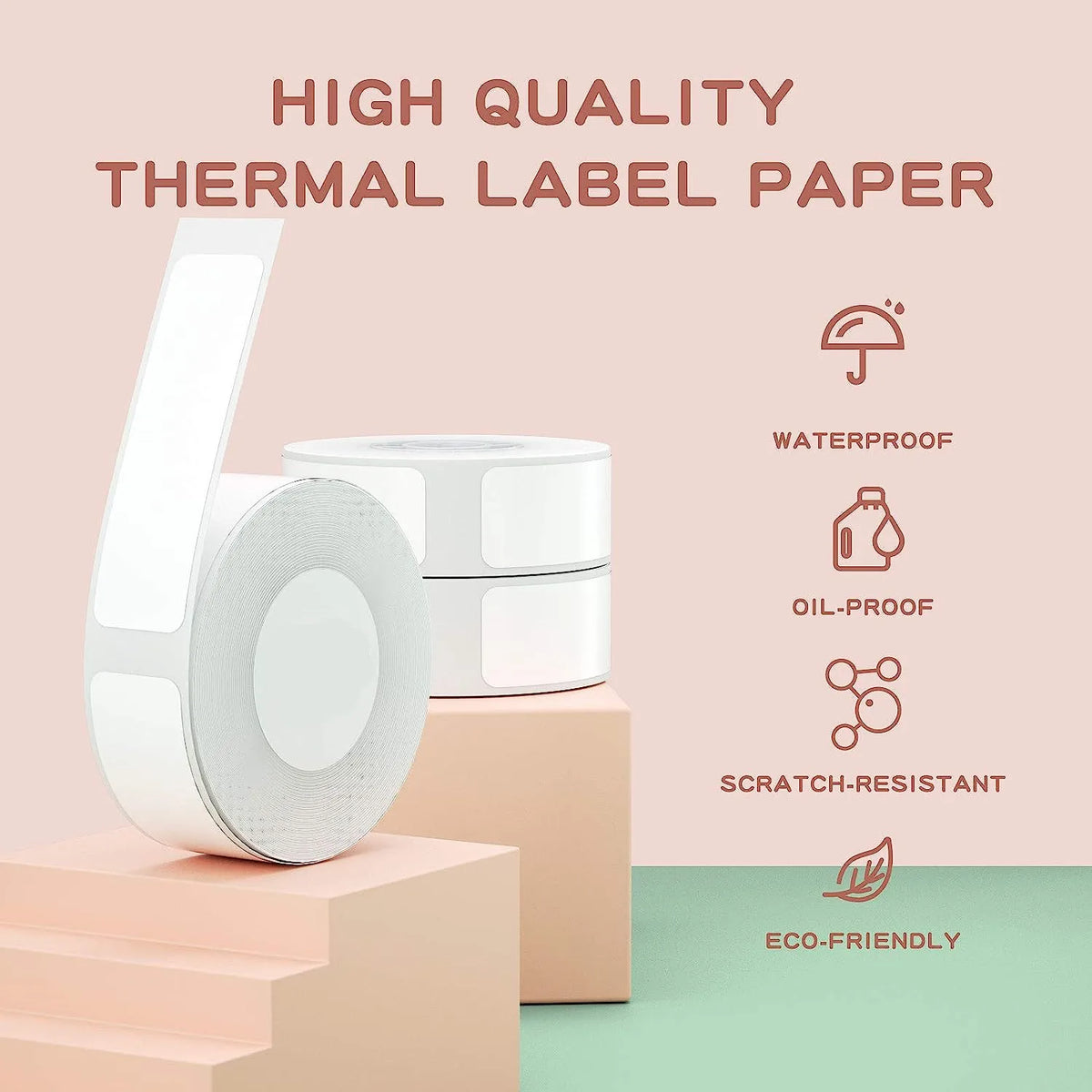 Bandeau High Quality Thermal Label Paper avec rouleaux blancs et pictogrammes anti-eau, anti-huile, anti-rayures et écologique