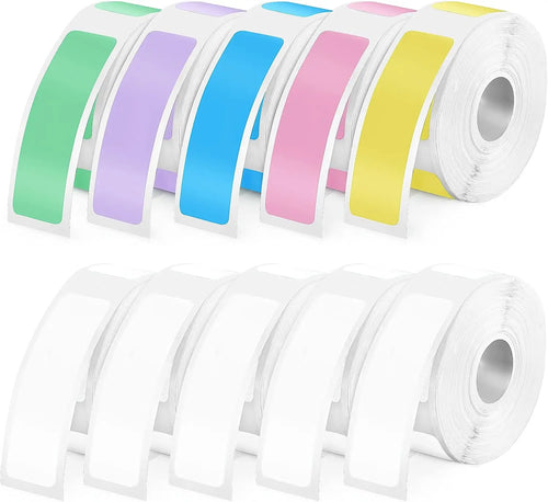 Dix rouleaux d'étiquettes : cinq aux bandes pastel vert, violet, bleu, rose et jaune, et cinq entièrement blancs
