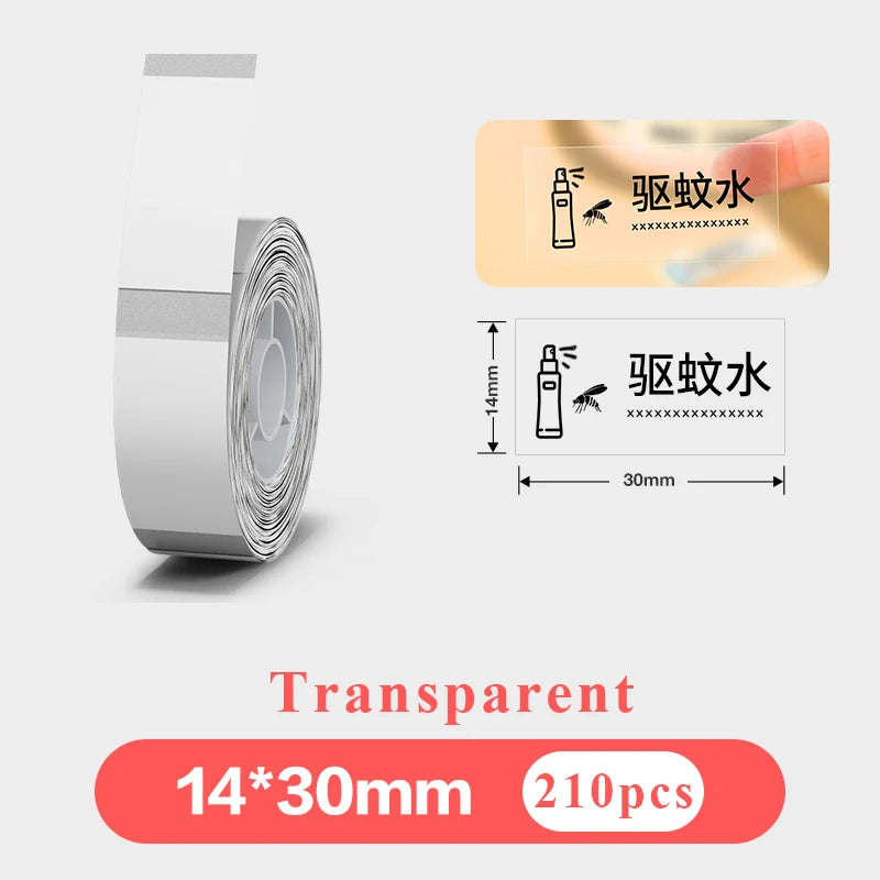 Rouleau d'étiquettes transparentes 14x30 mm avec deux étiquettes imprimées sur fond bois et fond blanc