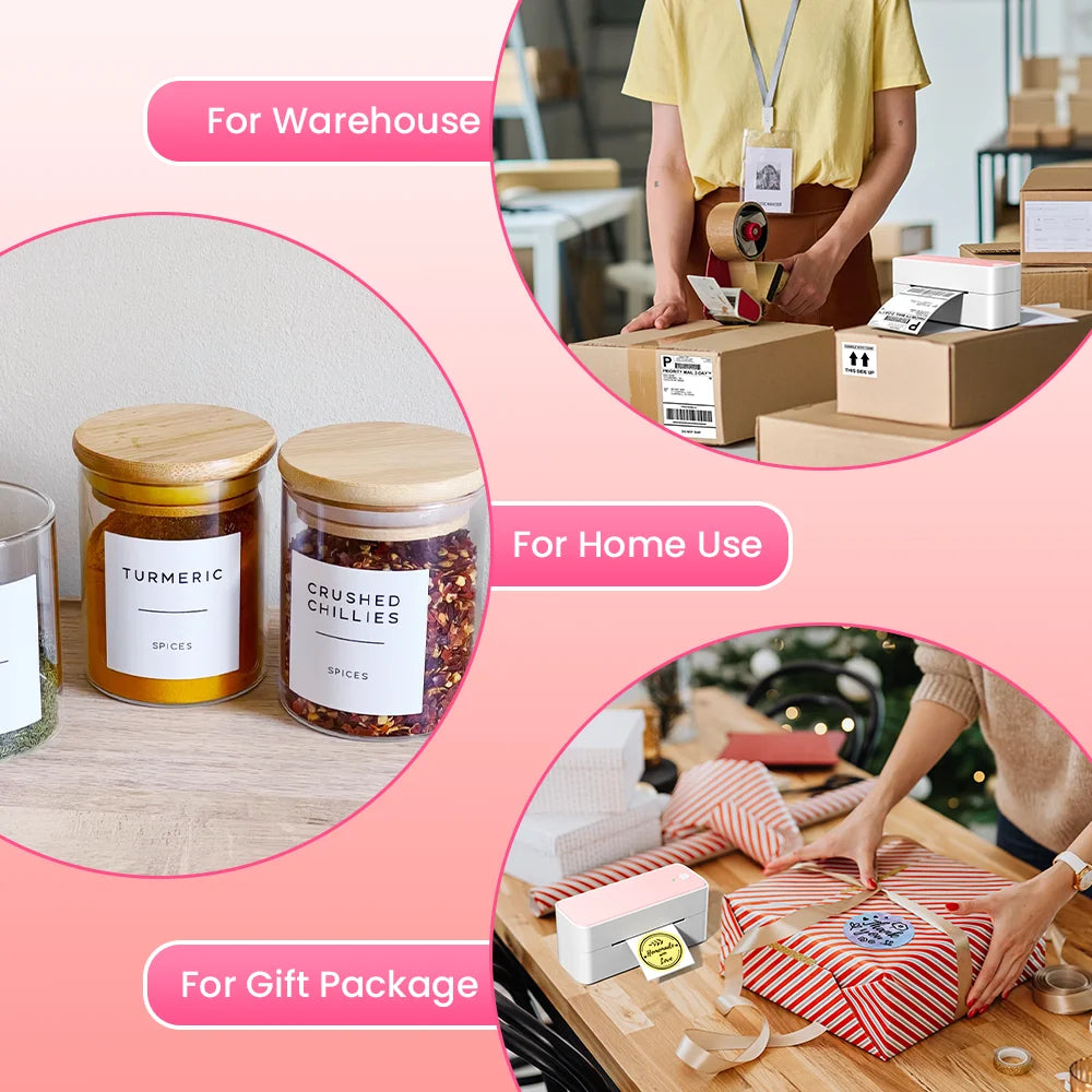 Trois usages illustrés : entrepôt, bocaux étiquetés à la maison et paquet cadeau, sur fond rose