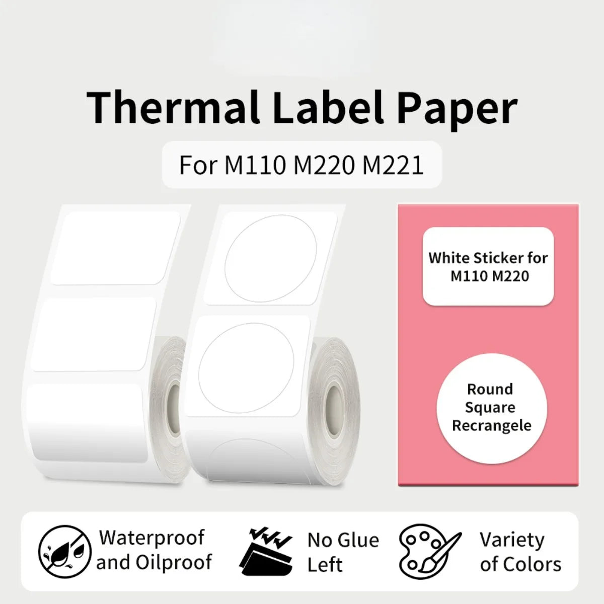 Deux rouleaux d'étiquettes blanches, rondes et rectangulaires, et leur boîte rose, pictos anti-eau et anti-huile