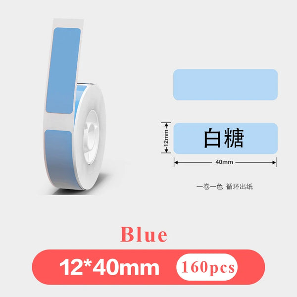 Rouleau d'étiquettes bleues 12 × 40 mm et étiquette témoin imprimée, mention 160 pièces par rouleau