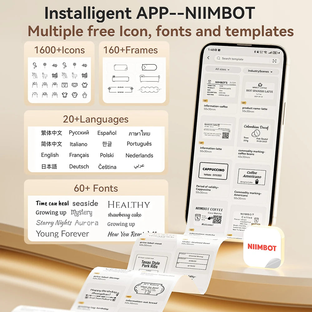 Présentation de l'application mobile : 1600 icônes, 160 cadres, 20 langues dont le français et 60 polices