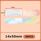 Quatre étiquettes ciel étoilé, bokeh pêche, nuages et arc-en-ciel peint, 50 × 14 mm, 90 pièces