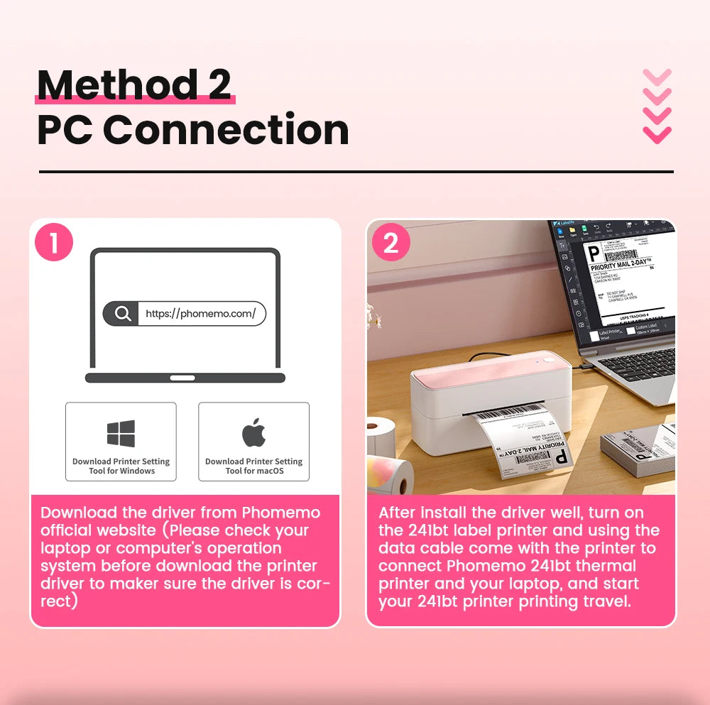 Méthode 2, connexion PC : télécharger le pilote puis relier l'imprimante au portable par câble