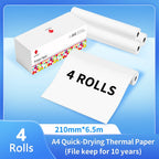Pack de quatre rouleaux de papier thermique A4 de 210 mm sur 6,5 m, avec la mention d'une conservation des documents pendant 10 ans