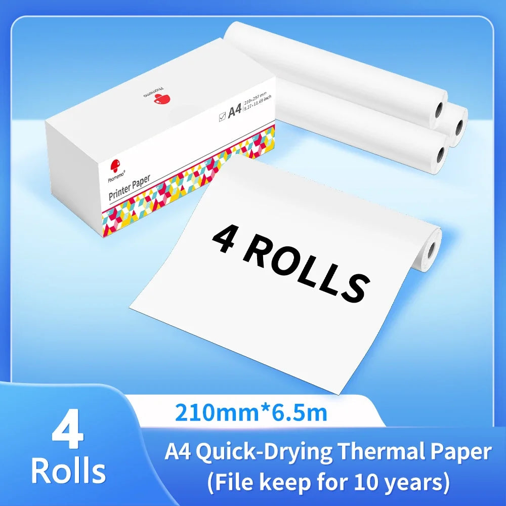 Pack de quatre rouleaux de papier thermique A4 de 210 mm sur 6,5 m, avec la mention d'une conservation des documents pendant 10 ans