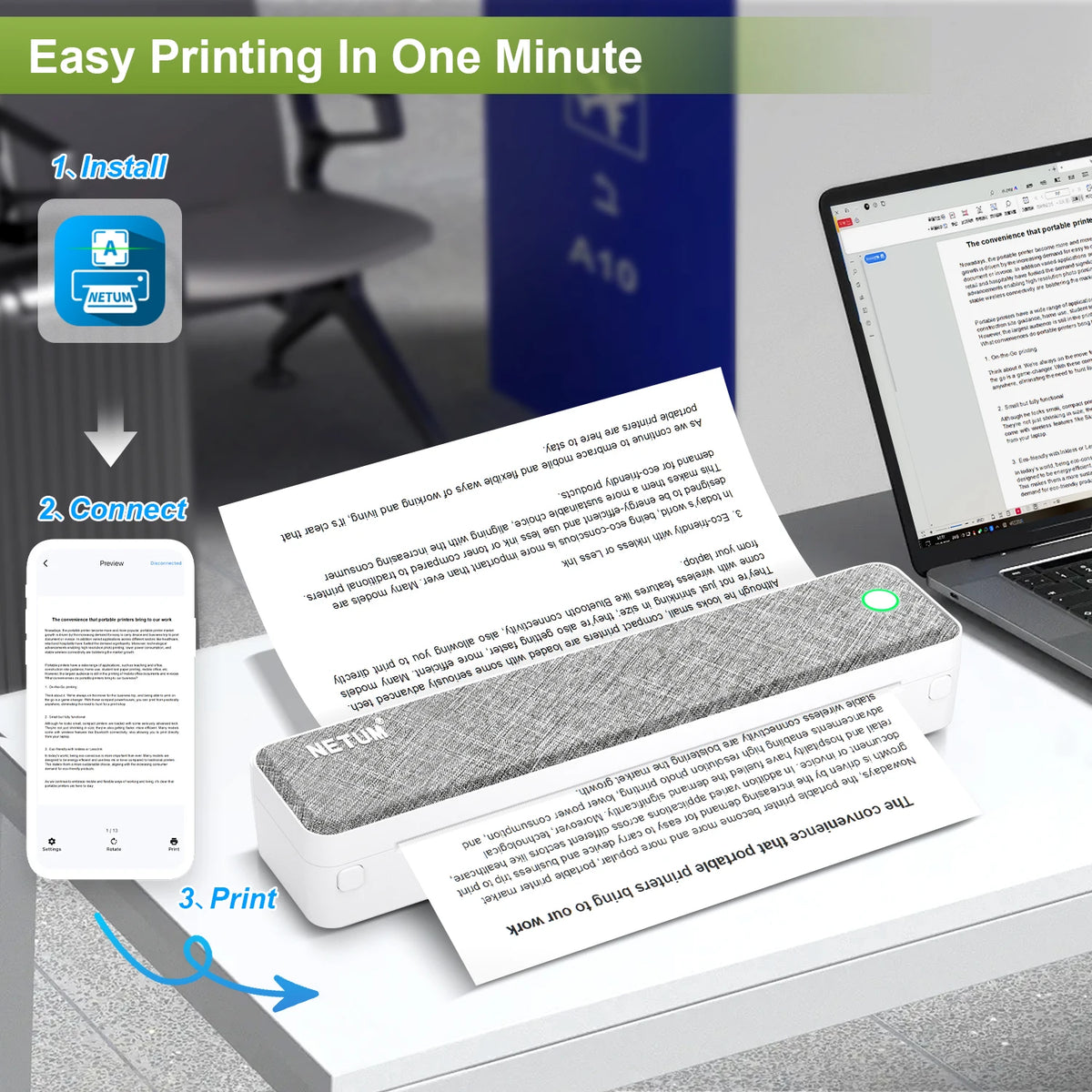 Trois étapes pour imprimer en une minute : installer l'application, connecter, imprimer