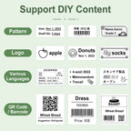 Exemples d'étiquettes personnalisables : dates, codes-barres, logos, plusieurs langues et QR codes