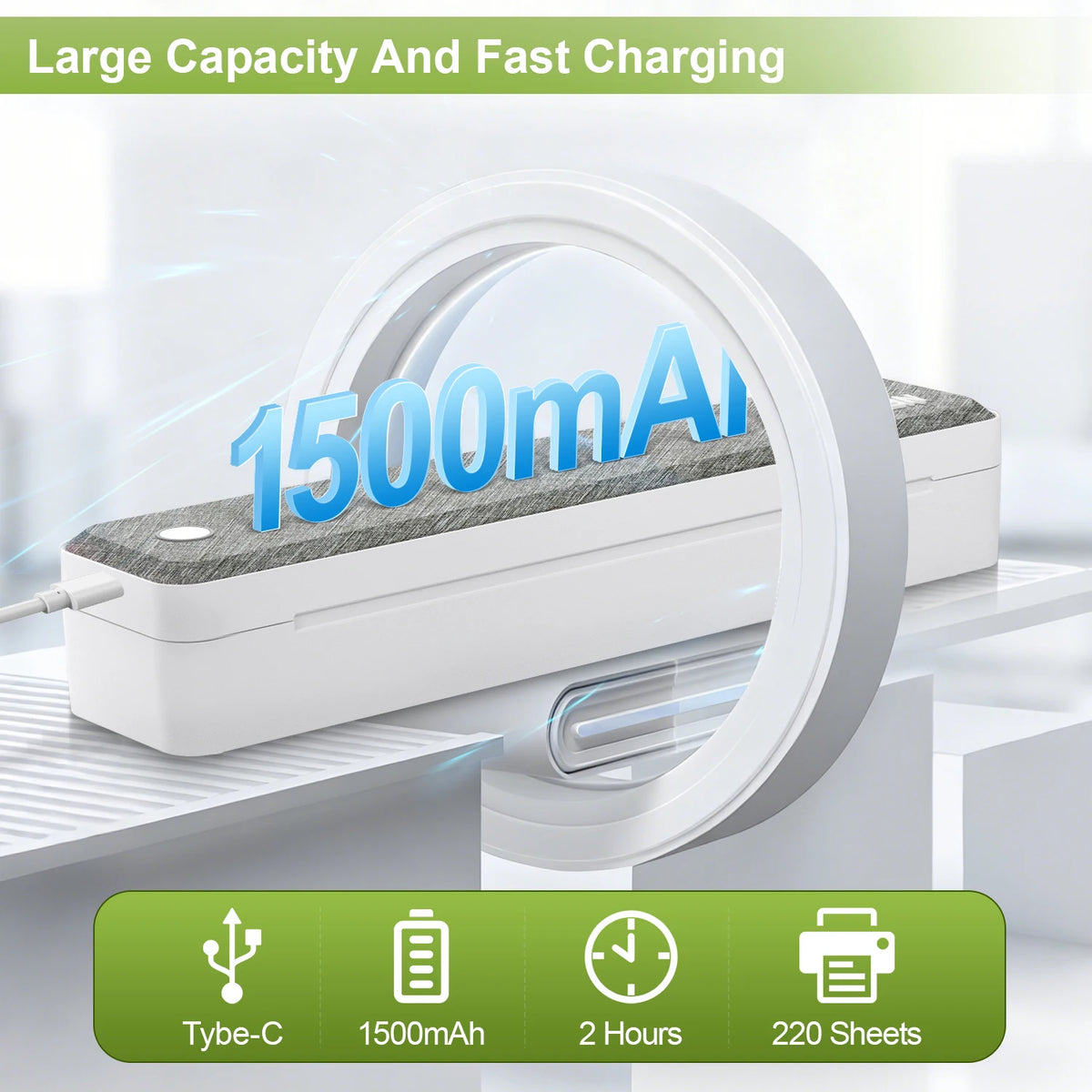 Batterie 1500 mAh de l'imprimante thermique A4 : recharge USB-C en 2 heures, environ 220 feuilles par charge