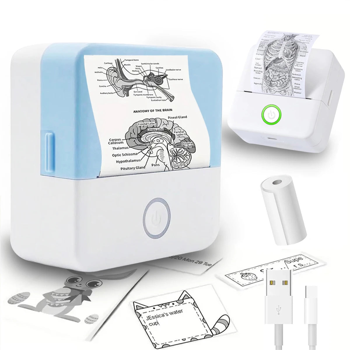 Mini imprimante thermique blanche imprimant un schéma, avec un rouleau de papier 57 mm, le câble USB et des étiquettes imprimées