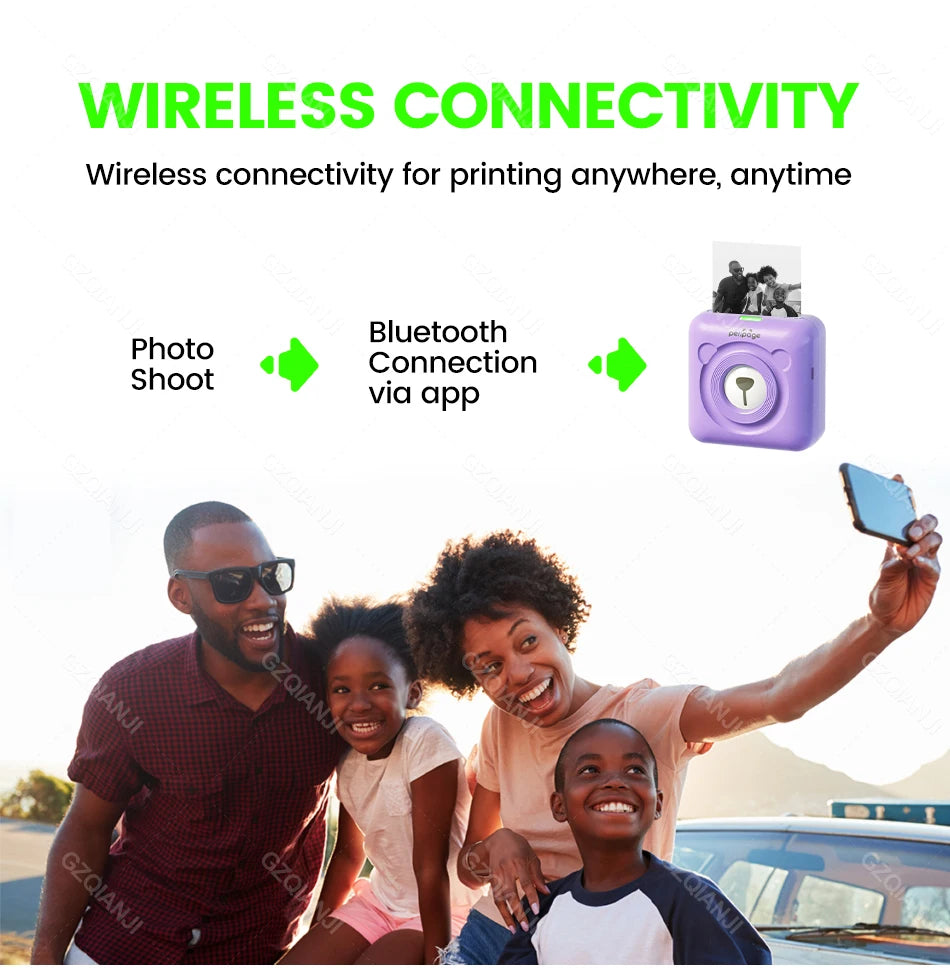 Schéma de la connexion sans fil : photo prise en famille, envoi par l'application puis impression