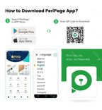 Marche à suivre pour installer l'application PeriPage : recherche sur l'App Store et Google Play, QR code à scanner et écrans de l'application