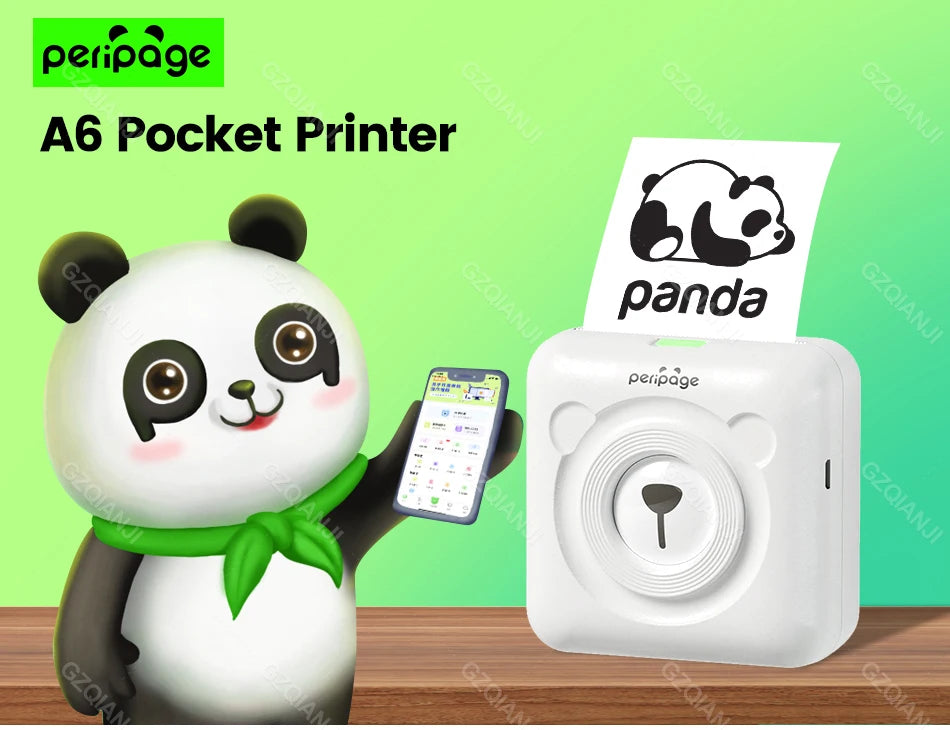 Illustration d'un panda tenant un smartphone à côté d'une imprimante blanche qui imprime un logo panda, sur fond vert