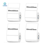 Quatre rouleaux d'étiquettes blanches aux formats 50 × 20, 50 × 30, 50 × 50 et 50 × 70 mm