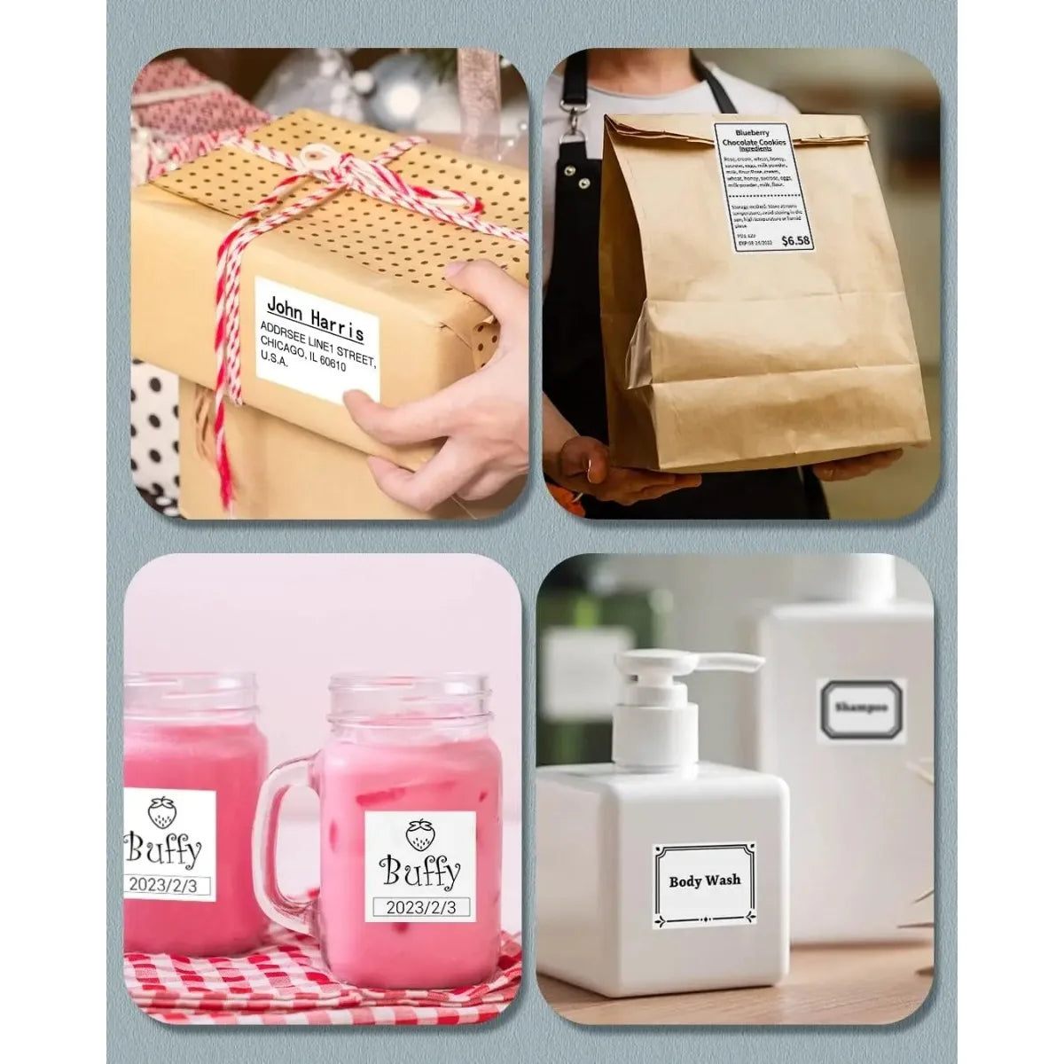 Étiquettes sur un colis cadeau, un sac kraft à emporter, deux bocaux de boisson rose et un flacon pompe