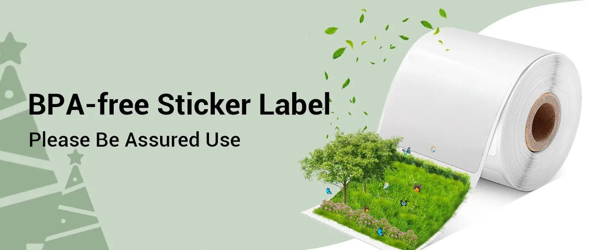 Bandeau « BPA-free Sticker Label » : rouleau d'étiquettes d'où se déroule un carré d'herbe et d'arbres