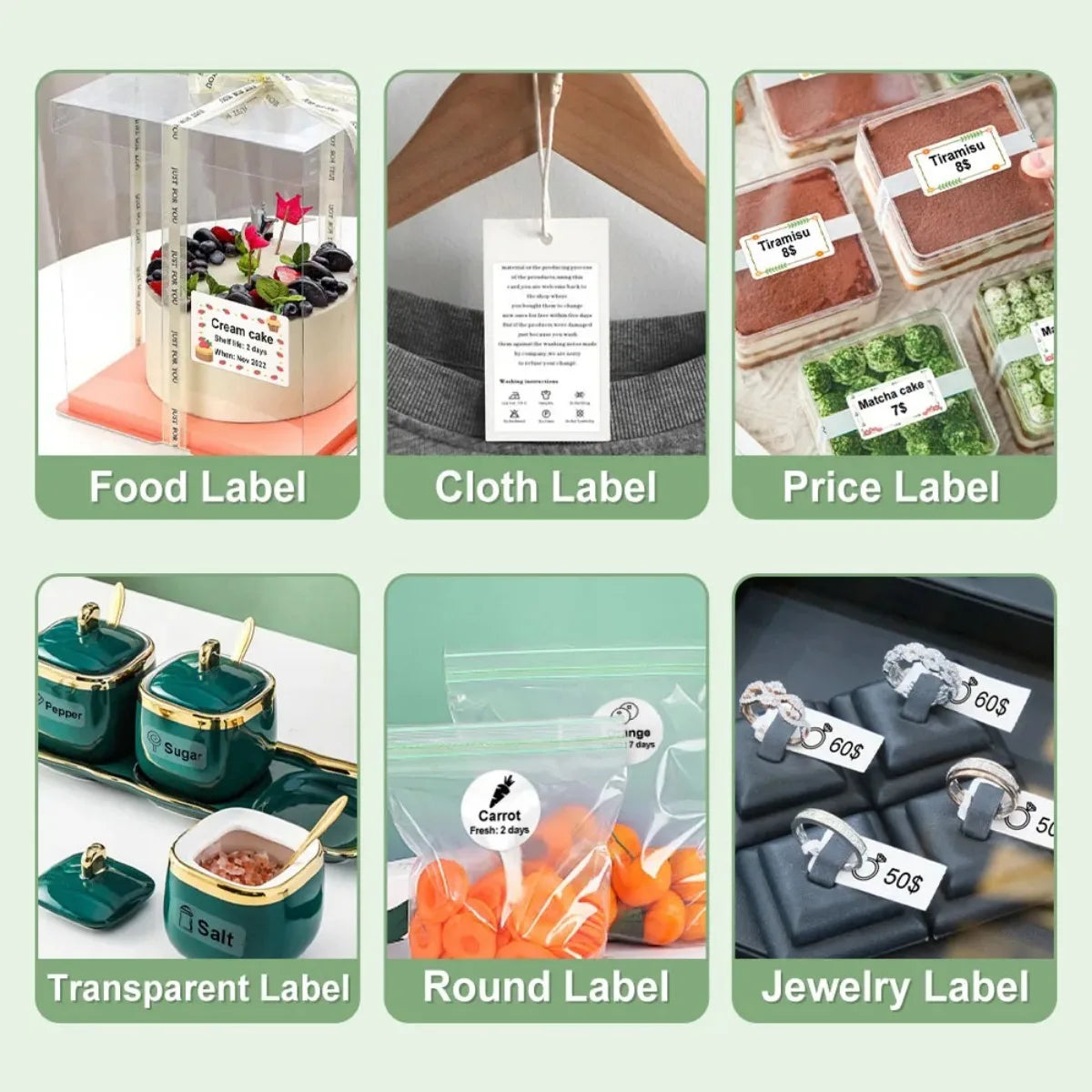 Six usages : boîte à gâteau, étiquette de vêtement, barquettes de tiramisu, pots à épices, sachets de légumes et bagues