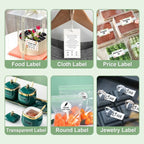 Six usages : gâteau, étiquette de vêtement, prix de tiramisu, pots à épices, sachet de carottes et bagues