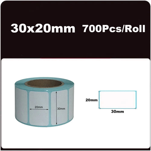 Rouleau d'étiquettes thermiques blanches 30 x 20 mm, 700 étiquettes par rouleau, avec schéma coté