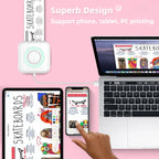 Mini imprimante à anneau vert sur fond rose reliée à un ordinateur portable, tablette et smartphone affichant l'histoire du skateboard