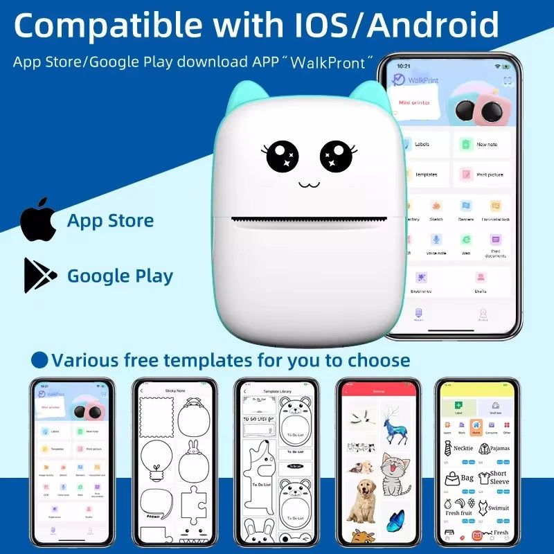 Imprimante à oreilles menthe compatible iOS et Android, avec captures de l'application et ses modèles