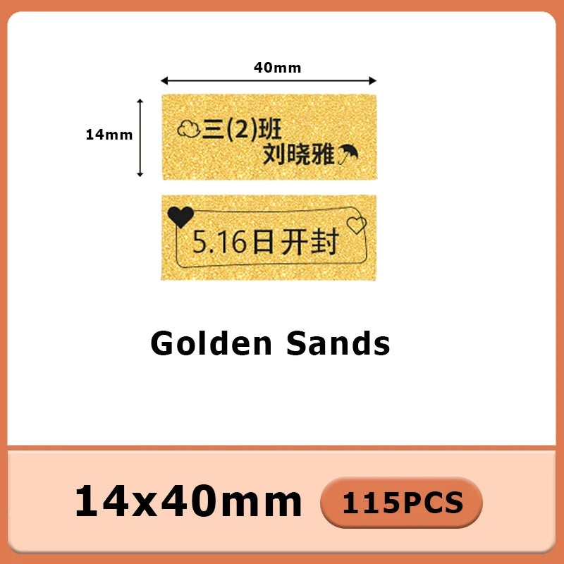 Deux étiquettes dorées imprimées de texte et d'une date, gamme Golden Sands au format 40 sur 14 mm
