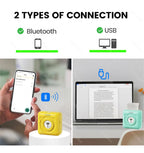 Deux modes de connexion illustrés : Bluetooth depuis un smartphone et câble USB vers un ordinateur