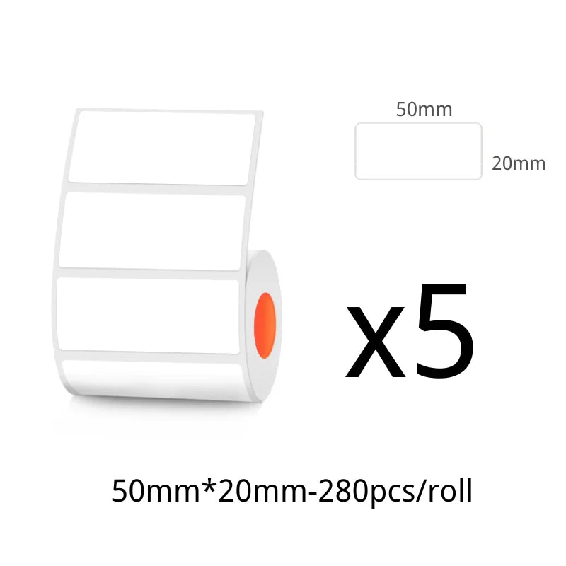 Rouleau d'étiquettes 50 × 20 mm avec format coté et mention ×5, soit cinq rouleaux de 280 pièces