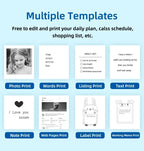 Huit modèles d'impression : photo, mots, liste, texte, note, page web, étiquette et mémo de travail