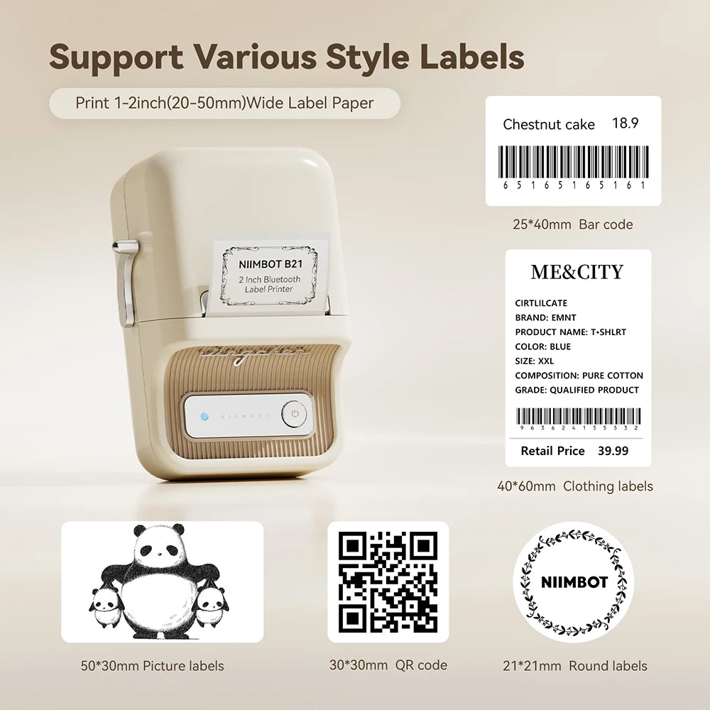 Formats d'étiquettes imprimées : code-barres 25x40 mm, étiquette vêtement 40x60 mm et QR code 30x30 mm