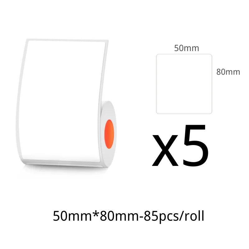 Rouleau d'étiquettes 50 × 80 mm avec format coté et mention ×5, soit cinq rouleaux de 85 pièces