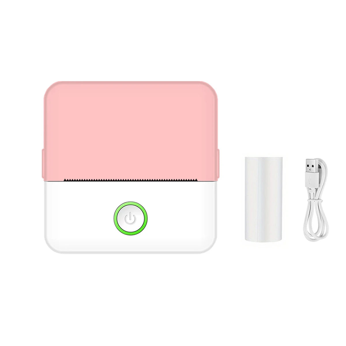 Mini imprimante thermique voyage coloris rose poudré avec son rouleau de papier et son câble USB