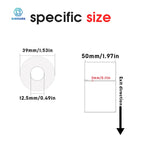 Schéma coté du rouleau : diamètre extérieur 39 mm, mandrin 12,5 mm, étiquette de 50 mm et sens de sortie du papier
