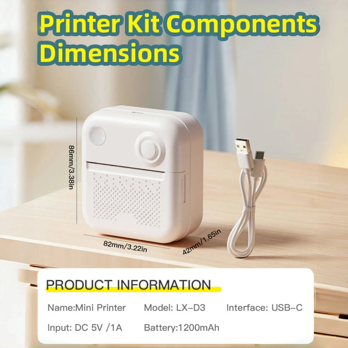Fiche technique de la mini imprimante : cotes du boîtier, port USB-C, batterie 1200 mAh et modèle LX-D3