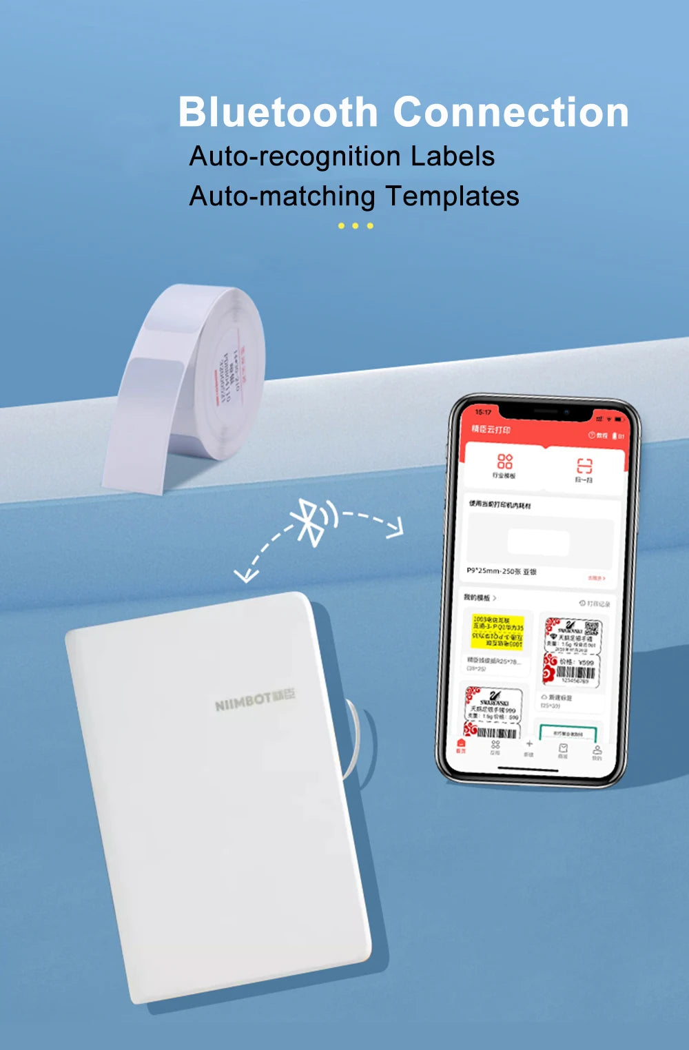 Connexion Bluetooth entre l'imprimante blanche et un smartphone affichant l'application de création d'étiquettes