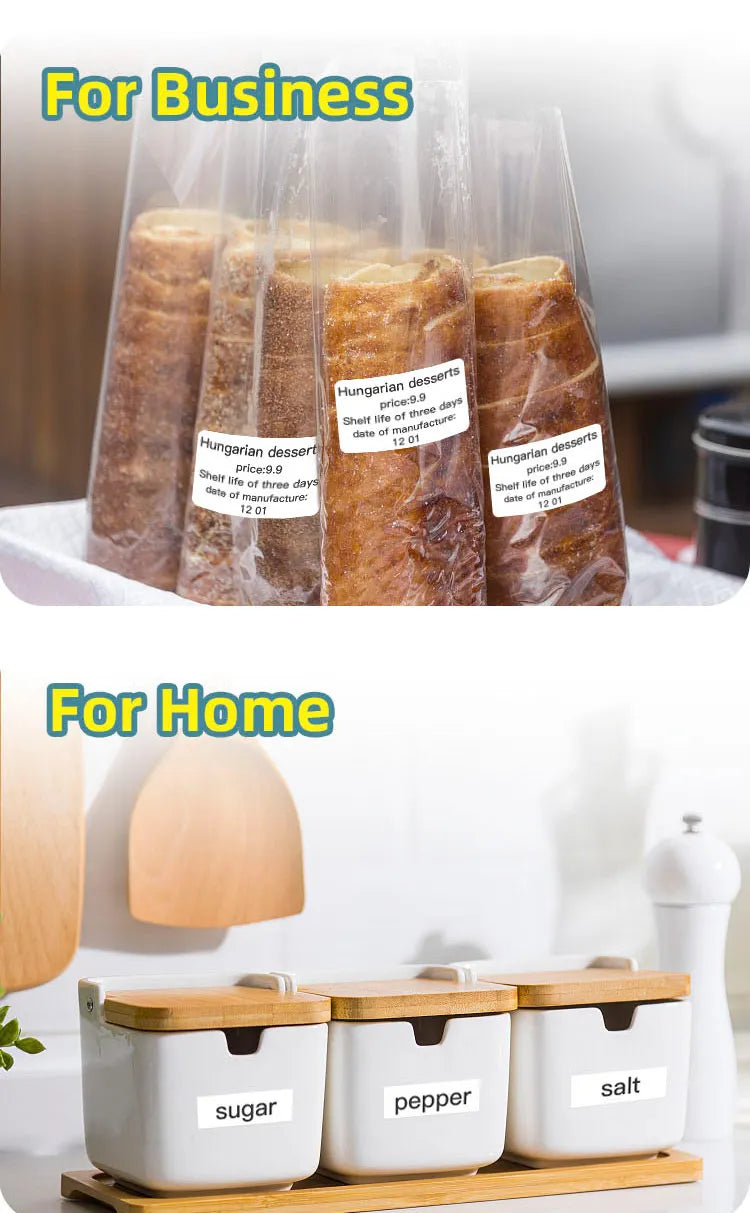 Deux usages superposés : pâtisseries sous sachet portant une étiquette prix et date, puis pots de sucre, poivre et sel étiquetés