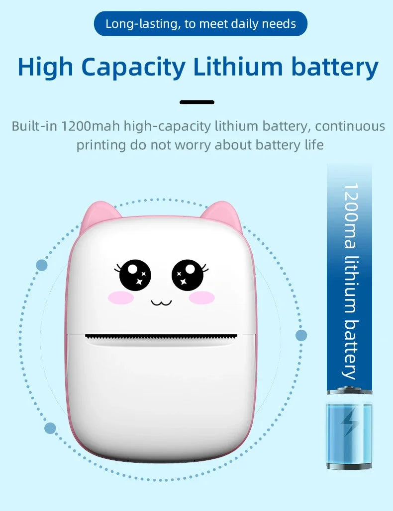 Imprimante à oreilles roses dans un cercle en pointillés, à côté d'une batterie lithium 1200 mAh
